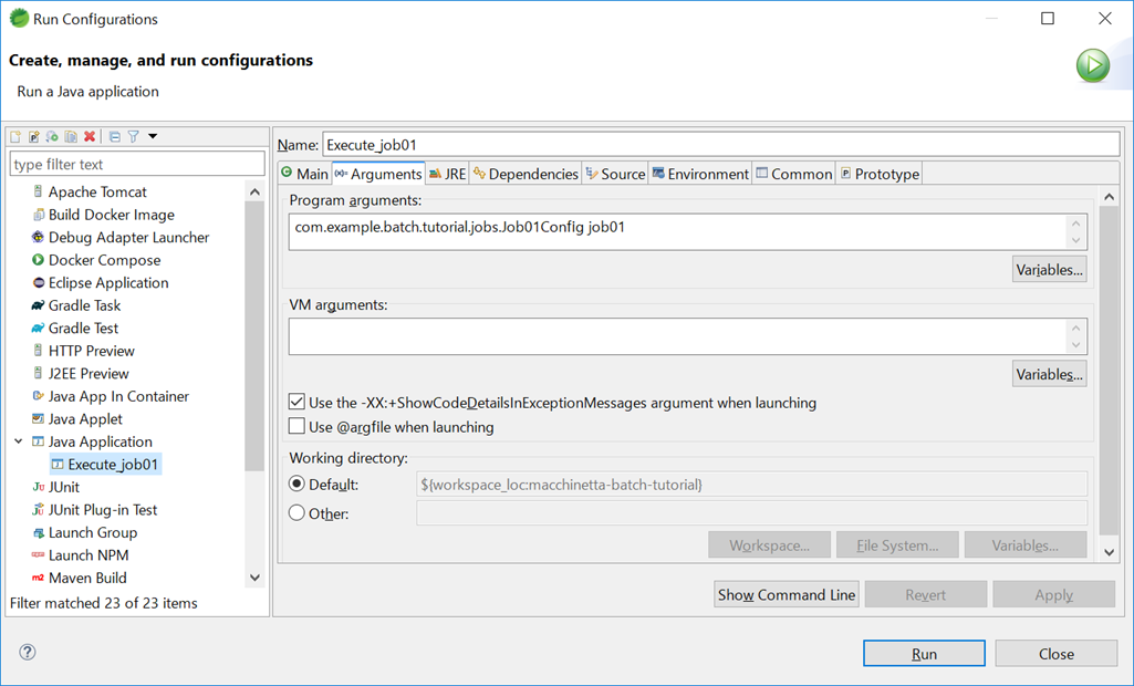 Run Configurations Arguments tab